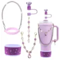 Strass Becher Zubehör Set Details mit lila Silikon Boot, Strohhalm Kappe und glänzenden Ketten. - Set 3