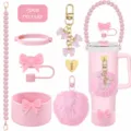 Set accessori per tazza rosa con copertura per cannuccia a fiocco, custodia in silicone e pompon. - Set 9 (escluso il bicchiere)