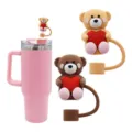 Bicchiere rosa con set di coperchio per cannuccia in silicone con orsetto a cuore. - 10mm / Orso Confezione da 2