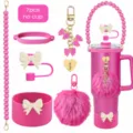 Set accessori per tazza rosa con cinturino di perle cover in silicone e ciondoli a fiocco - Set 15 (Tazza non inclusa)