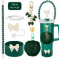Set accessori per tazza Stanley con cinturino di perle verdi, copertura per panna e pompon. - Set 16 (Tazza non inclusa)