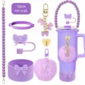 Set di accessori per borraccia viola con base in silicone e simpatici pompon decorativi. - Set 17 (tazza non inclusa)