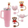 Set di bicchiere isolante rosa con simpatico orsacchiotto e copri di paglia in silicone. - 10mm / Confezione da 4 come in foto (n. 1)