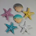Ocean series beach bag charms detail, seashell and starfish buttons with pearls. - 6 Pieces Set (Sealed Bag)