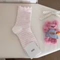 Pink and white striped ruffle socks, sweet Japanese style mid-calf cotton socks for women spring. - One Size / White and Pink Stripes