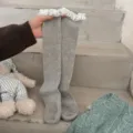 Grey thermal vertical stripe socks with sweet white lace trim for women winter wear - One Size / Gray