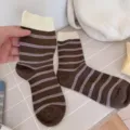 Brown and white striped mid-tube socks for women, comfortable daily wear casual cotton blend hosiery. - One Size / Warm Coffee