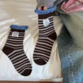 Brown striped mid-tube socks with blue ruffles and cute cartoon dog patch for autumn and winter. - One Size / Coffee