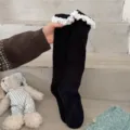 Women sweet lace vertical striped thickened warm terry socks autumn winter fashion daily wear. - One Size / Black