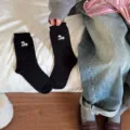 Black polka dot cute dachshund embroidered mid-calf cotton casual socks autumn winter - One Size / Black