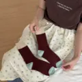 Merino wool color block mid-tube socks, thick warm winter casual socks for daily wear. - One Size / Dark Red