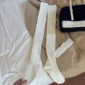 White cable knit over the knee socks for women sweet style cute winter long stockings - One Size / Cream White