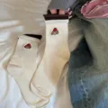 Cute cartoon embroidered dachshund cotton mid-tube socks, comfortable autumn winter casual wear. - One Size / Beige