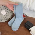 Light Blue Ribbed Crew Socks Solid Color Casual Cotton Hosiery Comfortable Everyday Wear - One Size / Milky Blue