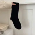 Black ribbed wool socks for women, winter warm knitted mid tube socks, cozy thick solid color. - One Size / Black
