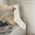 Winter solid color ribbed knit wool socks, cozy thick warm mid-tube variant in white. - One Size / White