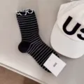 Women's black and white striped ruffled mid-calf cotton socks sweet style daily wear. - One Size / Black