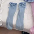Cute ruffle mid-calf socks for women, spring summer sweet bow polka dot breathable cotton socks - One Size / Blue