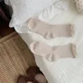 Women vintage beige ribbed socks with delicate lace trim, cozy cotton mid-tube socks. - One Size / Oatmeal Beige