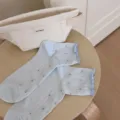 Light blue ruffle socks women summer thin breathable dot design short socks variant style - Light Blue