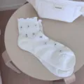 Women white polka dot ruffled short socks, sweet thin breathable ankle socks variant. - White