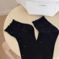 Charming black ruffle socks with cute white polka dots, stylish breathable cotton socks for women. - Black