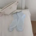Women cute ruffles contrast trim mid-calf socks breathable casual daily wear cotton hosiery - One Size / Light Blue