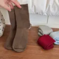Solid color women mid-calf socks, versatile knit long socks in brown, grey and red colors. - One Size / Coffee