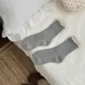 Grey vintage cotton crew socks with delicate lace trim, comfortable daily wear accessory. - One Size / Light Gray