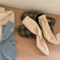 Cozy Japanese style wool blend slouch socks with cute embroidery paired with warm plaid slippers. - One Size / Beige Almond