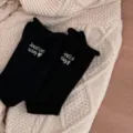 Japanese style good luck embroidered black wool socks, warm winter casual crew socks for women. - One Size / Black