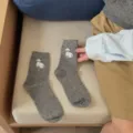 Grey wool knit crew socks with cute cat pattern, soft winter socks in variant color style. - One Size / Heather Grey