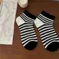 Women black and white striped ruffled short socks, cute casual cotton ankle socks for daily wear. - Striped
