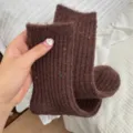 Brown flecked wool knit mid-calf socks, cozy winter warm soft clothing style variant. - One Size / Warm Coffee
