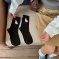 Women cute puppy wool colored dot mid tube socks autumn winter warm casual daily wear - One Size / Black