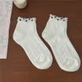 White ruffle short socks with cute black heart details, sweet college style ankle socks. - Heart