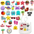 Colorful summer beach bag charms set with cute PVC accessories and white tote bag detail. - White Beach Bag and Charms Set / 32 Pcs Set