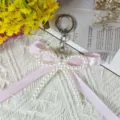 Exquisite handmade pearl bow keychain detail, pink ribbon charm with metal ring for bags or keys. - Style 6