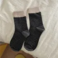 Women striped mid-tube socks, grey and black colorblock contrast cuff, casual hosiery - One Size / Grey Toe