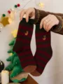 Christmas striped wool socks with cute deer embroidery, cozy mid-tube winter socks for women. - Elk