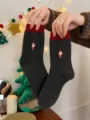 Christmas wool socks with cute Santa embroidery, dark gray mid-tube socks with red cuffs. - Santa Claus