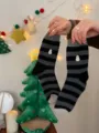 Cozy winter striped mid-calf socks with cute snowman patch, warm wool blend daily wear. - Snowman