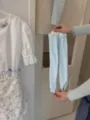 Spring summer thin breathable stirrup socks with contrast rib cuff design, light blue leg warmer. - One Size / Light Blue