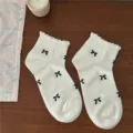 Sweet bow short socks for women, cute white ankle socks with black bow details, soft and comfy. - Small Butterfly Style