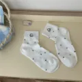 White polka dot short socks with cute dog embroidery, comfortable cotton casual socks for women. - One Size / Off-White