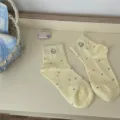 Light yellow polka dot short socks with cute puppy embroidery, comfortable breathable casual socks. - One Size / Milky Yellow