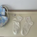 Cute polka dot short socks with sweet dog embroidery, comfortable everyday footwear for women. - One Size / Beige Pink