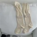 Beige long slouch socks for women, Japanese style hollow mesh tube socks, cute cotton socks. - One Size / Beige