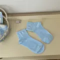 Light blue polka dot short socks with cute bear embroidery, soft and breathable ankle socks. - One Size / Sky Blue