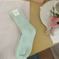 Cozy solid color thick knit mid-calf warm wool blend socks for women winter daily wear style. - One Size / Pistachio Green